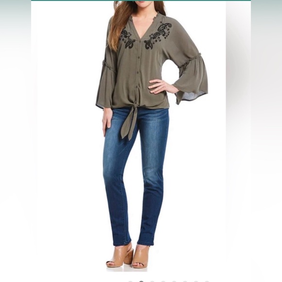 Democracy Tops - Democracy Olive Blouse with Black Floral Detail